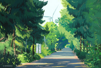 Картинка рисованное природа деревья дорога ветряк парк