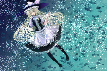 Картинка аниме touhou ведьма бант косички ленты фартук шляпа звездочки девушка