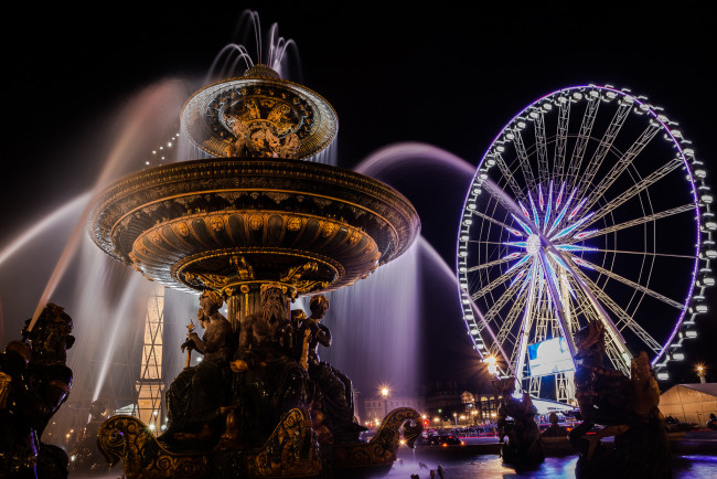 Обои картинки фото concorde paris, города, париж , франция, ночь, колесо, фонтан