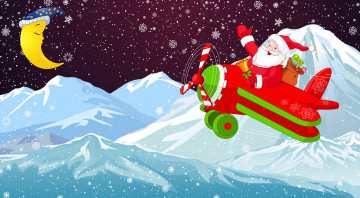 Картинка праздничные векторная+графика+ новый+год санта снежинки снег клаус санта-клаус самолет минимализм зима рождество месяц фон новый год праздник горы