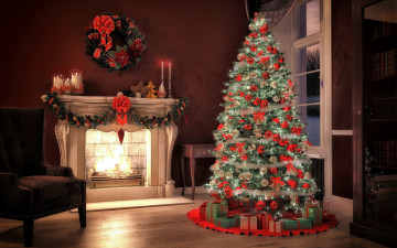 обоя праздничные, новогодний очаг, елка, кресло, камин, венок