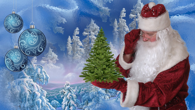 Обои картинки фото праздничные, дед мороз,  санта клаус, елка, новый, год, снег, зима, дед, мороз