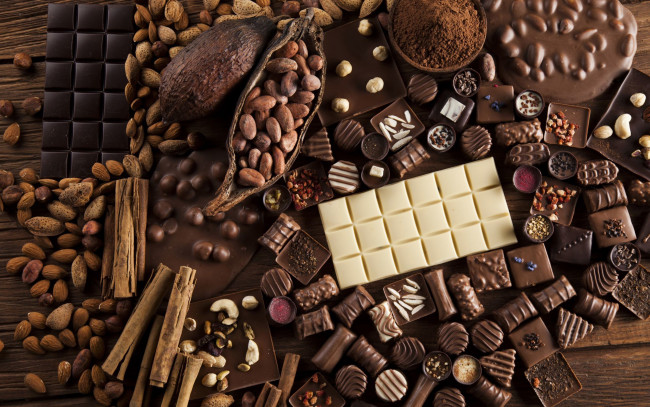 Обои картинки фото еда, конфеты,  шоколад,  сладости, шоколад, корица, орехи