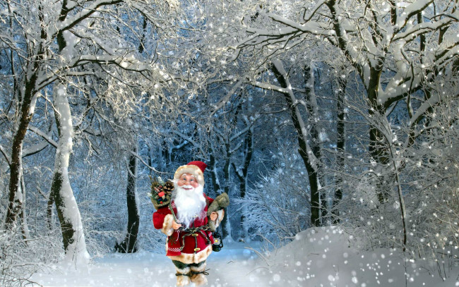 Обои картинки фото праздничные, дед мороз,  санта клаус, снег, лес, санта
