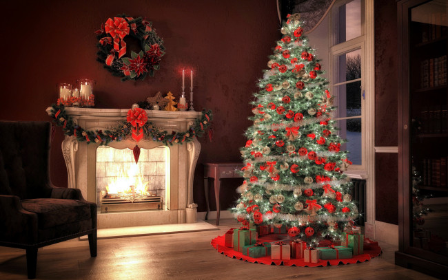 Обои картинки фото праздничные, новогодний очаг, елка, кресло, камин, венок