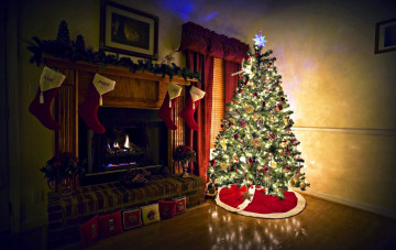 Картинка праздничные новогодний+очаг елка камин