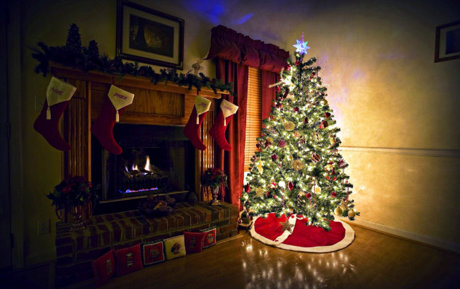 Обои картинки фото праздничные, новогодний очаг, елка, камин