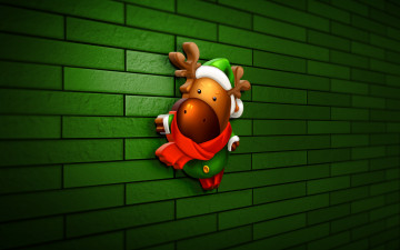 Картинка праздничные 3д+графика+ новый+год 3d xmas deer 4k зеленая кирпичная стена рождественские украшения сartoon happy new year merry christmas icon art хmas