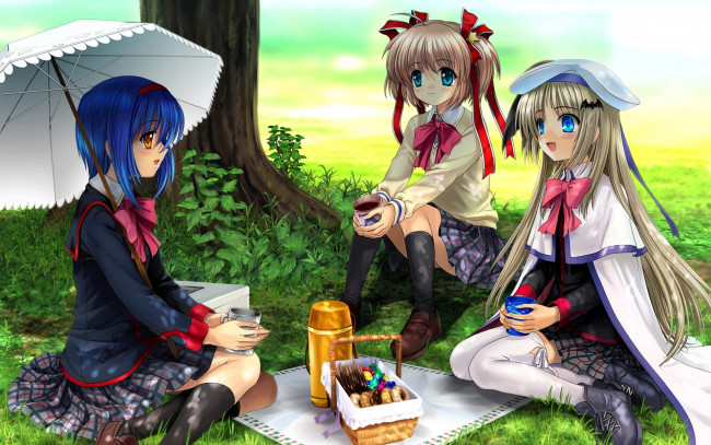 Обои картинки фото аниме, little busters, девочки, зонт, пикник