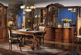 Картинка интерьер столовая зеркала цветы лампы стол стулья люстра шкафы
