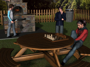 Картинка 3д+графика people+ люди стол шахматы ребята