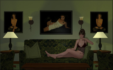 Картинка 3д+графика people+ люди девушка диван картины светильники