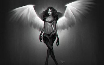 Картинка фэнтези ангелы крылья чёрно-белая взгляд ангел девушка