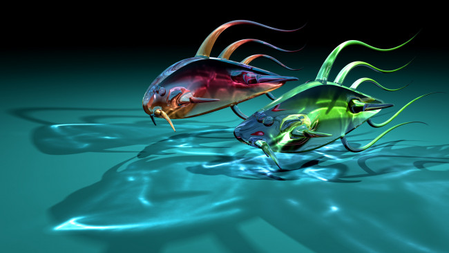 Обои картинки фото 3д графика, fantasy , фантазия, стекло, рыбы, тени, рыбки, две