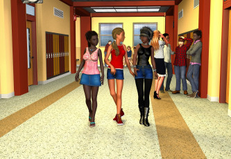 Картинка 3д+графика люди+ people коридор школа фон взгляд девушки
