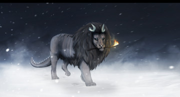 Картинка рисованное животные +сказочные +мифические лев грива рога хвост палка огонь зима холод снег