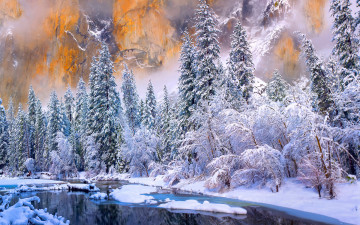 Картинка природа зима сша штат калифорния национальный парк йосемити скалы горы лес река снег