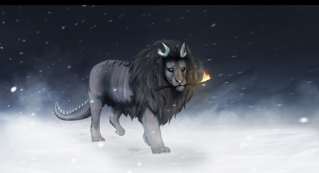 Обои картинки фото рисованное, животные,  сказочные,  мифические, лев, грива, рога, хвост, палка, огонь, зима, холод, снег