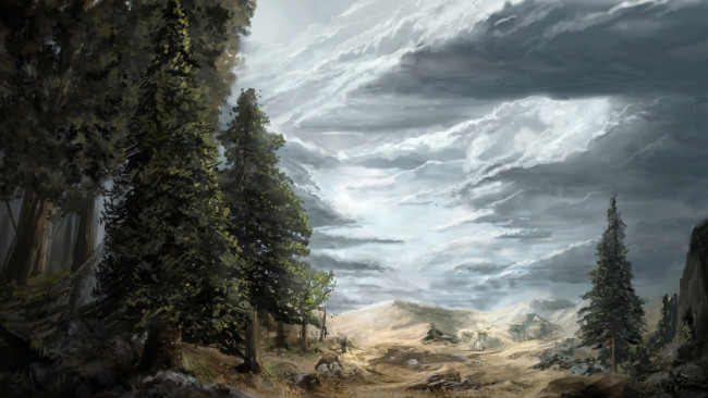 Обои картинки фото рисованное, живопись, небо, лес, холмы
