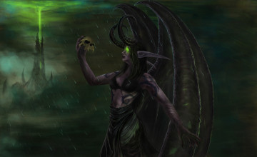 Картинка фэнтези демоны девушка фон крылья рога тату череп