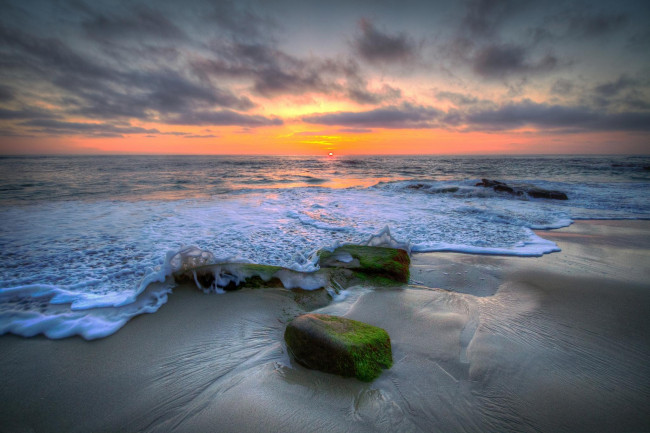 Обои картинки фото природа, побережье, берег, море, закат, пена, волны