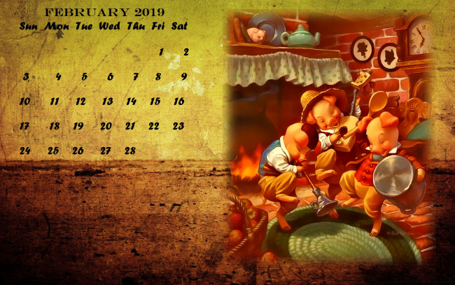 Обои картинки фото календари, рисованные,  векторная графика, часы, свинья, камин, поросенок, музыкант