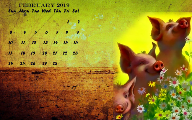 Обои картинки фото календари, рисованные,  векторная графика, растение, свинья, цветы, поросенок