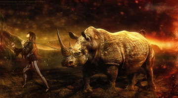 Картинка фэнтези фотоарт девушка носорог цепь