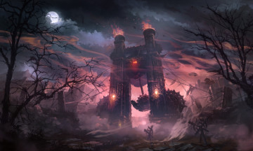 обоя видео игры, lineage ii,  goddess of destruction, башни, маятник, луна, деревья