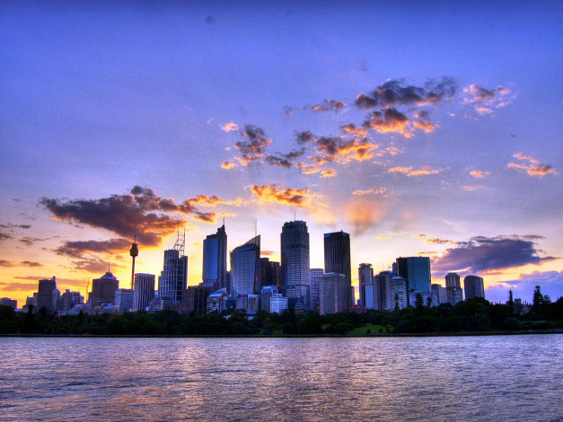 Обои картинки фото города, сидней , австралия, дома, здания, озеро, небо, рассвет