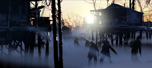 Обои картинки фото видео игры, left 4 dead, дома, мертвецы, зомби, туман