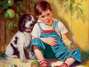 Картинка russell sambrook рисованные мальчик спаниель яблоко