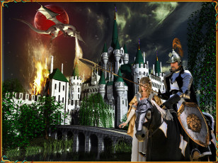 Картинка фэнтези замки рыцарь дракон пожар замок