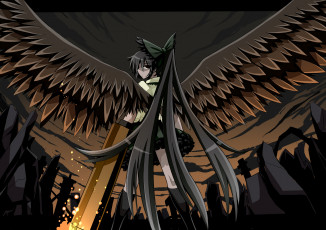 Картинка аниме touhou девушка крылья волосы небо камни