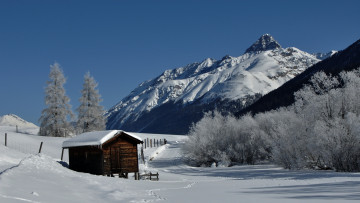 обоя природа, зима, дом, снег, дорога, горы