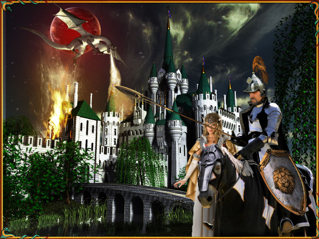 Обои картинки фото фэнтези, замки, рыцарь, дракон, пожар, замок