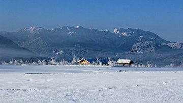 Картинка природа зима поле дома туман