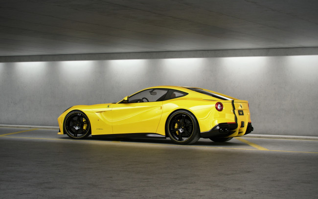 Обои картинки фото автомобили, ferrari, ф12, берлинетта, феррари, yellow, чёрные, диски, профиль, жёлтый, f12, berlinetta