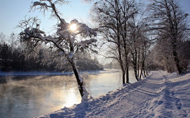 Обои картинки фото природа, зима, река, дорога