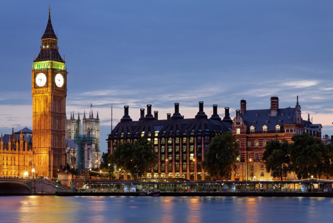 Обои картинки фото города, лондон, великобритания, парламент, ночь, река