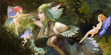 Картинка фэнтези существа эльфы девушка лес грудь платье