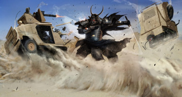 Картинка фэнтези люди пулемет солдат сражение хаммер пустыня монстр