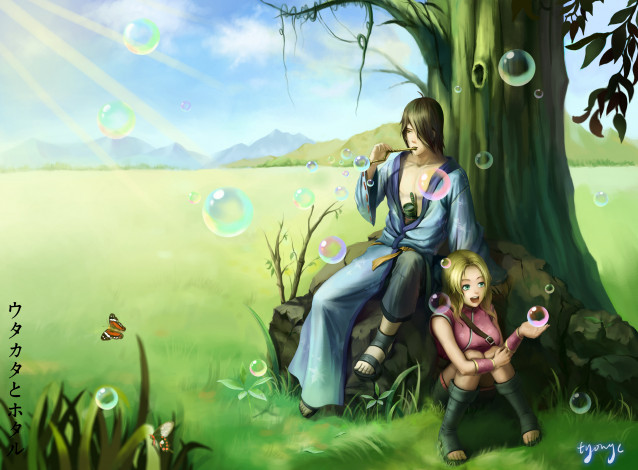 Обои картинки фото аниме, naruto, поляна, девушка, джинчурики, утаката, пузыри, дерево