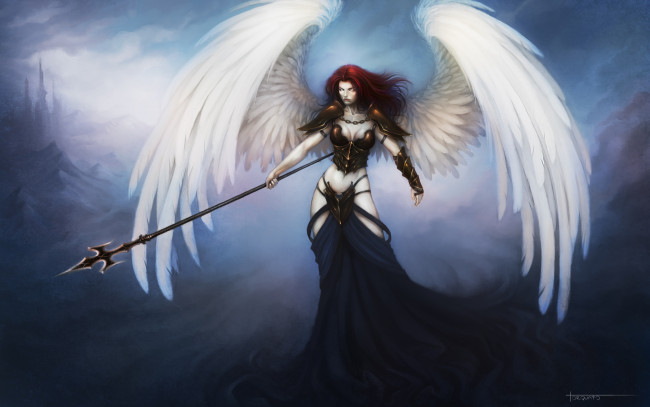 Обои картинки фото фэнтези, ангелы, девушка, оружие, белые, перья, крылья, ангел