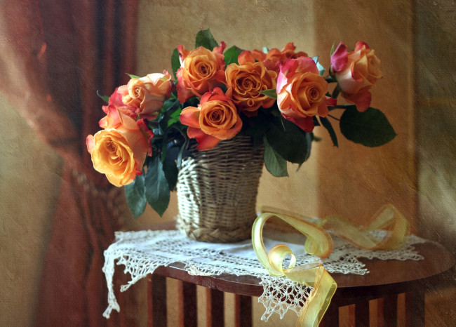 Обои картинки фото цветы, розы, корзина, букет