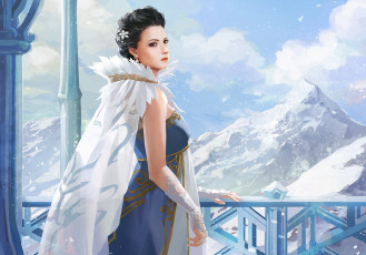 Картинка фэнтези девушки горы платье девушка взгляд лицо арт холод снег перчатки