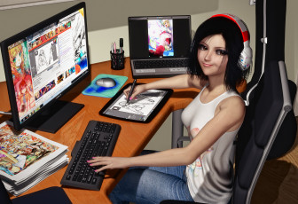 Картинка 3д+графика люди+ people стул стол улыбка фон взгляд компьютер девушка