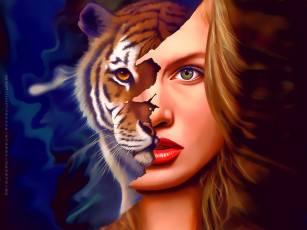 обоя календари, фэнтези, маска, лицо, девушка, тигр, животное, хищник, calendar, 2020
