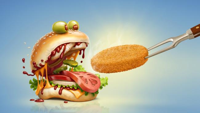 Обои картинки фото юмор и приколы, гамбургер, вилка, котлета, прикол, кормление, бутерброд, фастфуд, оливки, овощи, хлеб, графика