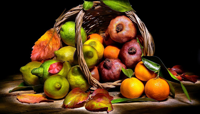 Обои картинки фото еда, фрукты,  ягоды, мандарин, лимон, гранат
